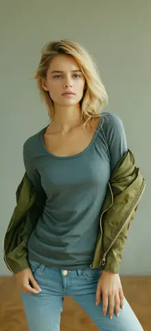 Standing with Off-Shoulder Jacket and Hand on Hip